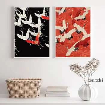 Rezumat Retro Red White Crane Nordic Postere Animal Panza Tablouri si Printuri de Arta de Perete Imaginile pentru Camera de zi Decor Acasă - Imagine 1  