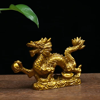 1 buc Good Lucky Dragon Chinezesc Doisprezece Zodiac Statuie de Aur Dragon Statuie Animale Sculptură Figurine Decor de birou - Imagine 2  