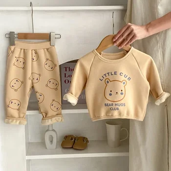 2023 Iarna Haine pentru Copii Set la 0 la 3 ani Nou-născutul Fata Maneca Lunga Urs Pulover Fleece Hanorac+Pantaloni 2 BUC Îmbrăcăminte exterioară Cald Set - Imagine 1  