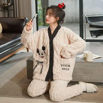 2023 Noi Femei Toamna Iarna Cald Set de Pijama Groasă de Corali Catifea Vneck Cardigane de Pluș Pantaloni 2 buc Drăguț Feminin Homewear - Imagine 1  