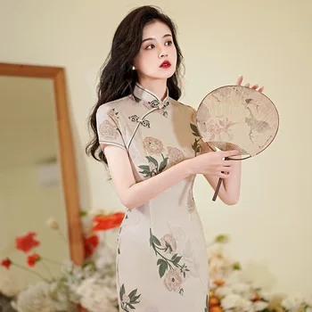 2023 Nou 8 Culori de Vara Bej Rosu Stil Chinezesc Cheongsam Vintage sex Feminin, Plus Dimensiunea Rochie de Femei Subțire Casual Qipao M la 4XL - Imagine 1  