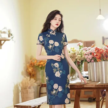 2023 Nou 8 Culori de Vara Bej Rosu Stil Chinezesc Cheongsam Vintage sex Feminin, Plus Dimensiunea Rochie de Femei Subțire Casual Qipao M la 4XL - Imagine 2  