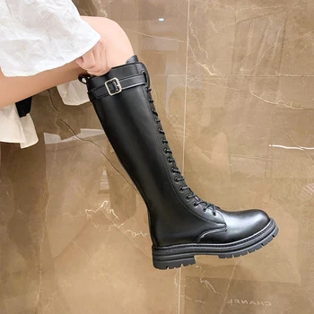 2023 Pantofi de Brand pentru Femei Genunchi Ridicat Cizme pentru Femei PU Cizme Moderne Femei Dantelă-Up Side Zip Catarama Traforaj Pantofi cu Toc Doamnelor - Imagine 2  