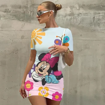 2023 Vara Noi Sexy si Damele de Strans Rochie Eleganta pentru Femei de Moda a lui Minnie Mickey Mouse-ul de Imprimare Rochie Mini Casual Marca Disney - Imagine 1  