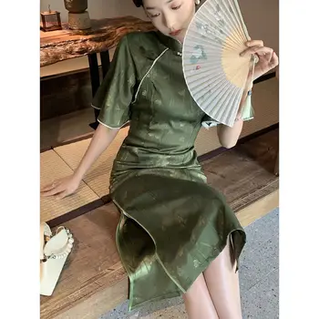 2023 Vara Verde Cheongsam Femei Rochie Tradițională Mijlocul Rochii Lungi Slim Vintage Florale Îmbunătățit Qipao S La XXL - Imagine 1  
