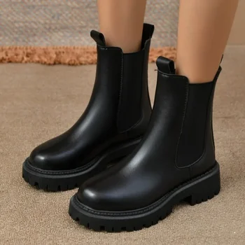 2023 în aer liber, Pantofi pentru Femei Aluneca pe la Jumătatea Vițel Cizme pentru Femei de Vânzare Fierbinte Birou Cizme Femei Rotund Deget de la picior Toc Pătrat Platformă Pantofi Femei - Imagine 1  