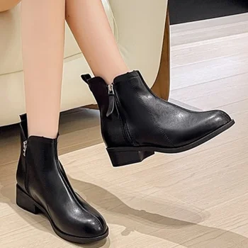 2023 Înaltă Calitate, Pantofi pentru Femei cu Fermoar pentru Femei Toamna Cizme a Subliniat Toe Solid Concis Tocuri Indesata Scurt Baril Cizme de Moda - Imagine 1  
