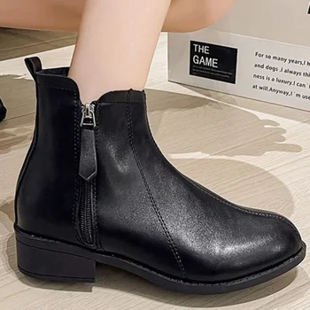2023 Înaltă Calitate, Pantofi pentru Femei cu Fermoar pentru Femei Toamna Cizme a Subliniat Toe Solid Concis Tocuri Indesata Scurt Baril Cizme de Moda - Imagine 2  