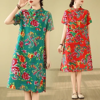 2024 chineză rochie de epocă îmbunătățit qipao naționale floare de imprimare lenjerie de pat din bumbac cheongsam oriental etnice a-line rochie de streetwear - Imagine 1  