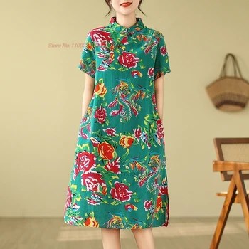2024 chineză rochie de epocă îmbunătățit qipao naționale floare de imprimare lenjerie de pat din bumbac cheongsam oriental etnice a-line rochie de streetwear - Imagine 2  