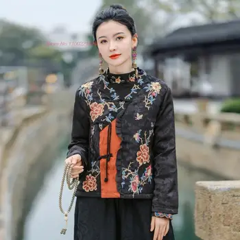 2024 chineză vintage strat etnic tang costum hanfu topuri naționale v-neck broderie flori haină orientală bumbac căptușit sacou cald - Imagine 1  