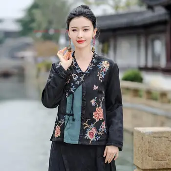 2024 chineză vintage strat etnic tang costum hanfu topuri naționale v-neck broderie flori haină orientală bumbac căptușit sacou cald - Imagine 2  