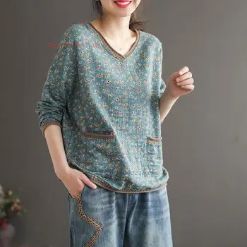 2024 chineză vintage tricou femei floarea națională de imprimare lenjerie de pat din bumbac retro tricou v-neck base tricou oriental etnice pierde t-shirt - Imagine 1  