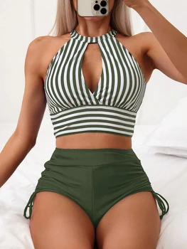 2024 Cut-out Bikini cu Dungi de costume de Baie Gol Afară de Femei Talie Inalta, Costume de baie Feminin amatorilor de Scăldat Baie Înot Costum de baie Beachwear - Imagine 1  