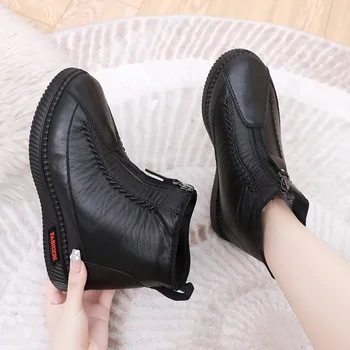 2024 Noua Moda de Iarnă Pantofi Plat pentru Femei cu Fermoar Rotund Deget de la picior Toc Scăzut Cald Casual Îmbinare Versatil Femei Mari Scurt Boots34-42 - Imagine 2  