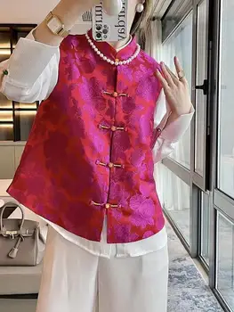 2024 noul stil chinezesc femei de moda de zi cu zi vintage floral jacquard oriental vesta doamnă grațioasă tangsuits versatil vesta de blana - Imagine 1  
