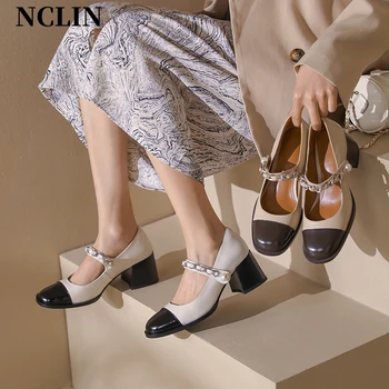 2024 Nouă Primăvară Split Din Piele Femei Pantofi Deget De La Picior Pătrat Mary Jane Pantofi Pentru Femei Pantofi Pentru Femei Pompe Tocuri Pentru Femei Catarama Curea - Imagine 1  