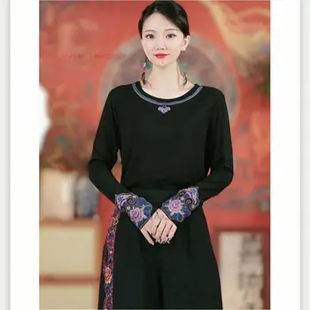 2024 tradițională chineză tricou vintage naționale de flori brodate hanfu femei o-neck t-shirt retro etnice din china cămașă de bază - Imagine 1  