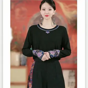 2024 tradițională chineză tricou vintage naționale de flori brodate hanfu femei o-neck t-shirt retro etnice din china cămașă de bază - Imagine 2  