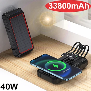 33800mAh Solar Power Bank Rapid Încărcător Wireless Qi pentru iPhone 15 Samsung, Huawei, Xiaomi 40W Încărcare Rapidă Powerbank Camping Lumina - Imagine 1  