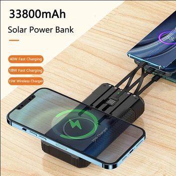 33800mAh Solar Power Bank Rapid Încărcător Wireless Qi pentru iPhone 15 Samsung, Huawei, Xiaomi 40W Încărcare Rapidă Powerbank Camping Lumina - Imagine 2  