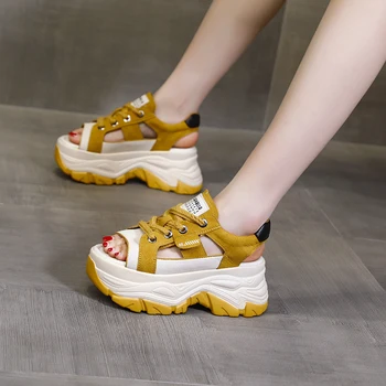8cm Indesata Adidași din Piele Slide-uri de Vară Glezna Vulcaniza Gol Femei Sandale Platforma Pană Adidași Pantofi Respirabil - Imagine 2  