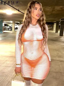 Akaily Moda Sexy Orange Grafic 3D de Imprimare Rochie Mini de Seara Club de Îmbrăcăminte Pentru Femei 2023 O Gatului Maneca Lunga Prada Rochie Scurtă - Imagine 1  