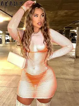 Akaily Moda Sexy Orange Grafic 3D de Imprimare Rochie Mini de Seara Club de Îmbrăcăminte Pentru Femei 2023 O Gatului Maneca Lunga Prada Rochie Scurtă - Imagine 2  