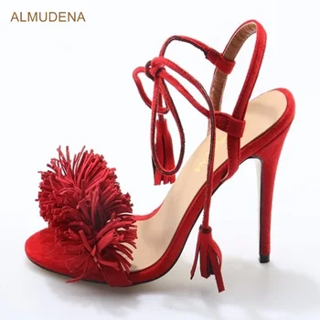 ALMUDENA Femei Roșu Sude Stiletto, Sandale cu Toc Dantelă-up Pufos Gladiator Sandal Pantofi Grațios Franjuri Rochie Pompe de Pantofi de Nunta - Imagine 1  