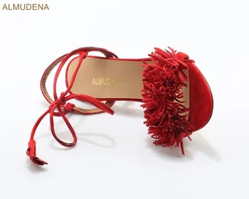 ALMUDENA Femei Roșu Sude Stiletto, Sandale cu Toc Dantelă-up Pufos Gladiator Sandal Pantofi Grațios Franjuri Rochie Pompe de Pantofi de Nunta - Imagine 2  