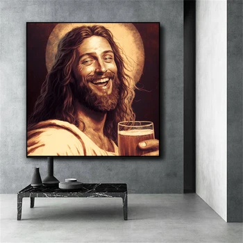 Amuzant Isus Bere Poster Amuzant Bere Printuri De Arta Plin De Umor Isus Hristos A Băut Bere Epocă Panza Pictura Decor Bucatarie - Imagine 1  