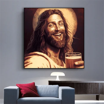 Amuzant Isus Bere Poster Amuzant Bere Printuri De Arta Plin De Umor Isus Hristos A Băut Bere Epocă Panza Pictura Decor Bucatarie - Imagine 2  