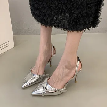 Argint Sandale Cu Toc Femei De Vara 2023 Punk Goth Subliniat Toe Pantofi De Partid Femeie Metalic Subțire, Cu Toc Pompe Rochie Doamnelor Pantofi - Imagine 1  