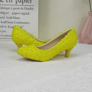 BaoYaFang Galben Floare de Nunta pantofi Femei cu toc Subtire subliniat Toe Rotund de Mireasa rochie de Petrecere pantofi de dimensiuni mari, Pantofi - Imagine 1  
