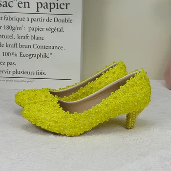 BaoYaFang Galben Floare de Nunta pantofi Femei cu toc Subtire subliniat Toe Rotund de Mireasa rochie de Petrecere pantofi de dimensiuni mari, Pantofi - Imagine 2  