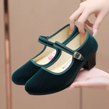 Beijing Tradiționale Pânză Pantofi de Toamna pentru Femei Tocuri de Lux Catifea Pompe Toc Patrat Pantofi Mary Jane Doamna de Muncă sau Pantofi de Dans - Imagine 1  