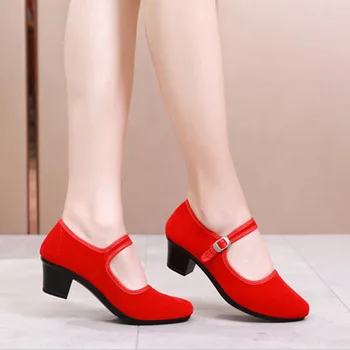 Beijing Tradiționale Pânză Pantofi de Toamna pentru Femei Tocuri de Lux Catifea Pompe Toc Patrat Pantofi Mary Jane Doamna de Muncă sau Pantofi de Dans - Imagine 2  