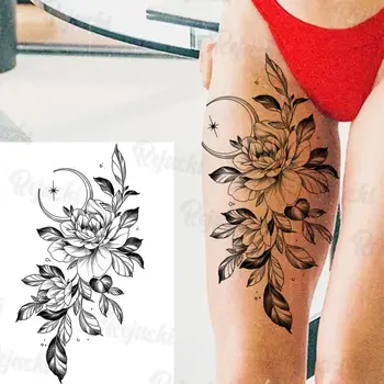 Black Dahlia Tatuaje Temporare Pentru Femei Fete Coapsei Brațul Tatuaje Realiste Luna Floarea Soarelui Flora Tatuaj Fals Autocolant Rezistent La Apa - Imagine 2  