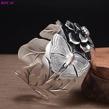 BOCAI S999 Sterling Bratari de Argint pentru Femei cu Personalitate Largă Deschidere Fluture Iubește Flori Frunze Totem Argentum Brățară - Imagine 2  