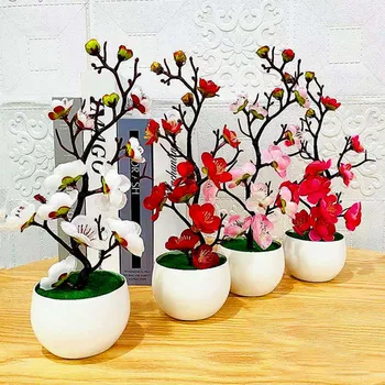 Bonsai Simulare Artificială Plantă În Ghiveci Biroul De Acasă Plum Blossom Decor Pentru Grădină De Bucătărie Batante Pervazul Camera De Zi - Imagine 1  
