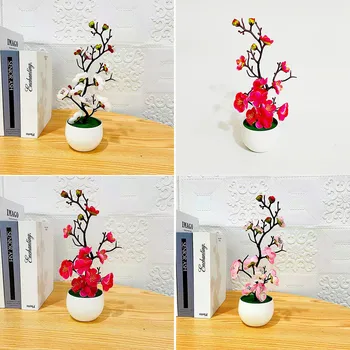 Bonsai Simulare Artificială Plantă În Ghiveci Biroul De Acasă Plum Blossom Decor Pentru Grădină De Bucătărie Batante Pervazul Camera De Zi - Imagine 2  