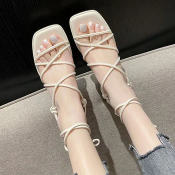 Brand De Moda Pentru Femei Legați În Cruce Mijlocul Tocuri Sandale Pantofi De Vara Noi 2023 Square Toe Pompe Rochie Sandale Indesata Femme Zapatillas - Imagine 2  