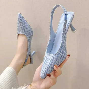 Brand Designer de Pantofi Tocuri inalte Pompe de Femei Albastru Subliniat Toe Pantofi de Partid pentru Femeie 2023 Vară Subțire Sandale cu Toc Doamnelor - Imagine 1  