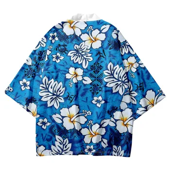 Bărbați și Femei Bluza Cardigan Haori Obi Asiatice Haine Harajuku Moda Japoneză Blue Print Floral Kimono Samurai Streetwear - Imagine 1  