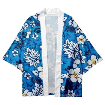 Bărbați și Femei Bluza Cardigan Haori Obi Asiatice Haine Harajuku Moda Japoneză Blue Print Floral Kimono Samurai Streetwear - Imagine 2  