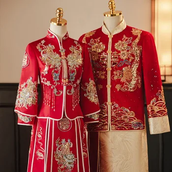 Chineză Qipao Rochie De Mireasa Retro Clasic Mirele Mireasa Rochie Căsătorie Set Broderie Dragon Phoenix Tang Costum De Haine Hanfu - Imagine 1  