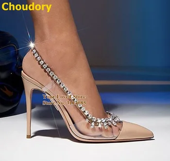 Choudory Clar PVC Subliniat Toe Stras Pompe de Sandale Tocuri inalte Bling Bling Cristal Franjuri Pantofi de Nunta Mozaic Sandale - Imagine 1  