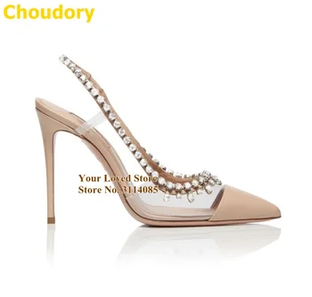 Choudory Clar PVC Subliniat Toe Stras Pompe de Sandale Tocuri inalte Bling Bling Cristal Franjuri Pantofi de Nunta Mozaic Sandale - Imagine 2  