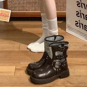 Cizme De Vara Pentru Femei Dantelă Sus Rotund Toe Pantofi De Sex Feminin, Saboti Platforma Cizme-Femei Rock Glezna Lolita Cauciuc Doamnelor Med 2023 Copita Tocuri - Imagine 2  