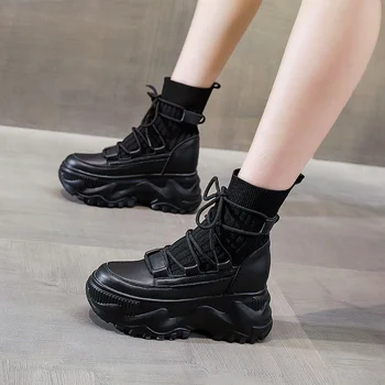 Cizme Pantofi Platforma High Top Versiunea coreeană Brioșă cu Talpi de Pantofi Negri din Piele În Toamna și Iarna 2022 Pantofi pentru Femei - Imagine 1  